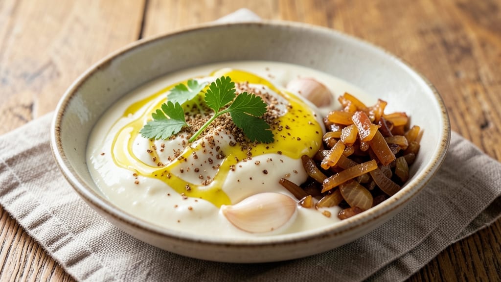 Arayes Sauce Recipe: Smoky Garlic-Yogurt Dip With Crispy Onion Crowns