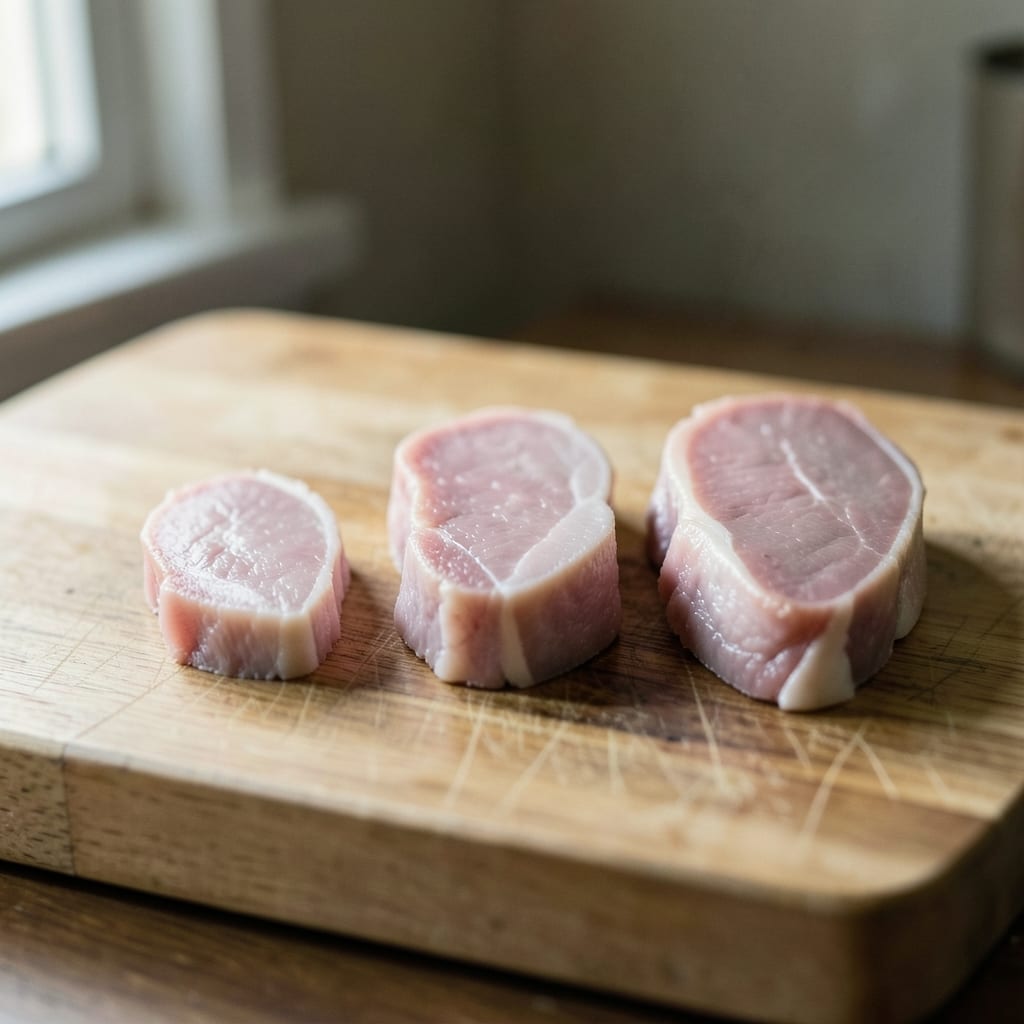 Three chops of different thickness, ready to be tested