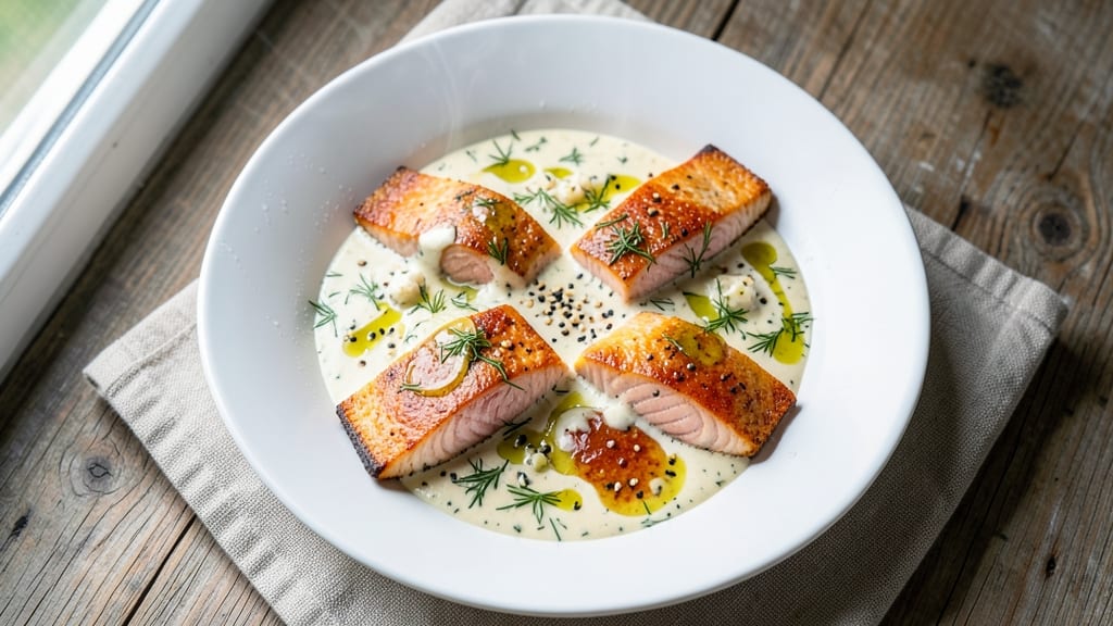 Baked Salmon With Creamy Dill Sauce Recipe: Crispy Skin, Herby Cream Drizzle